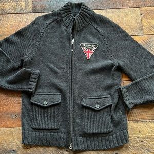 Triumph motorcycles lucky brand zip cardigan, size large, Navy/dark gray